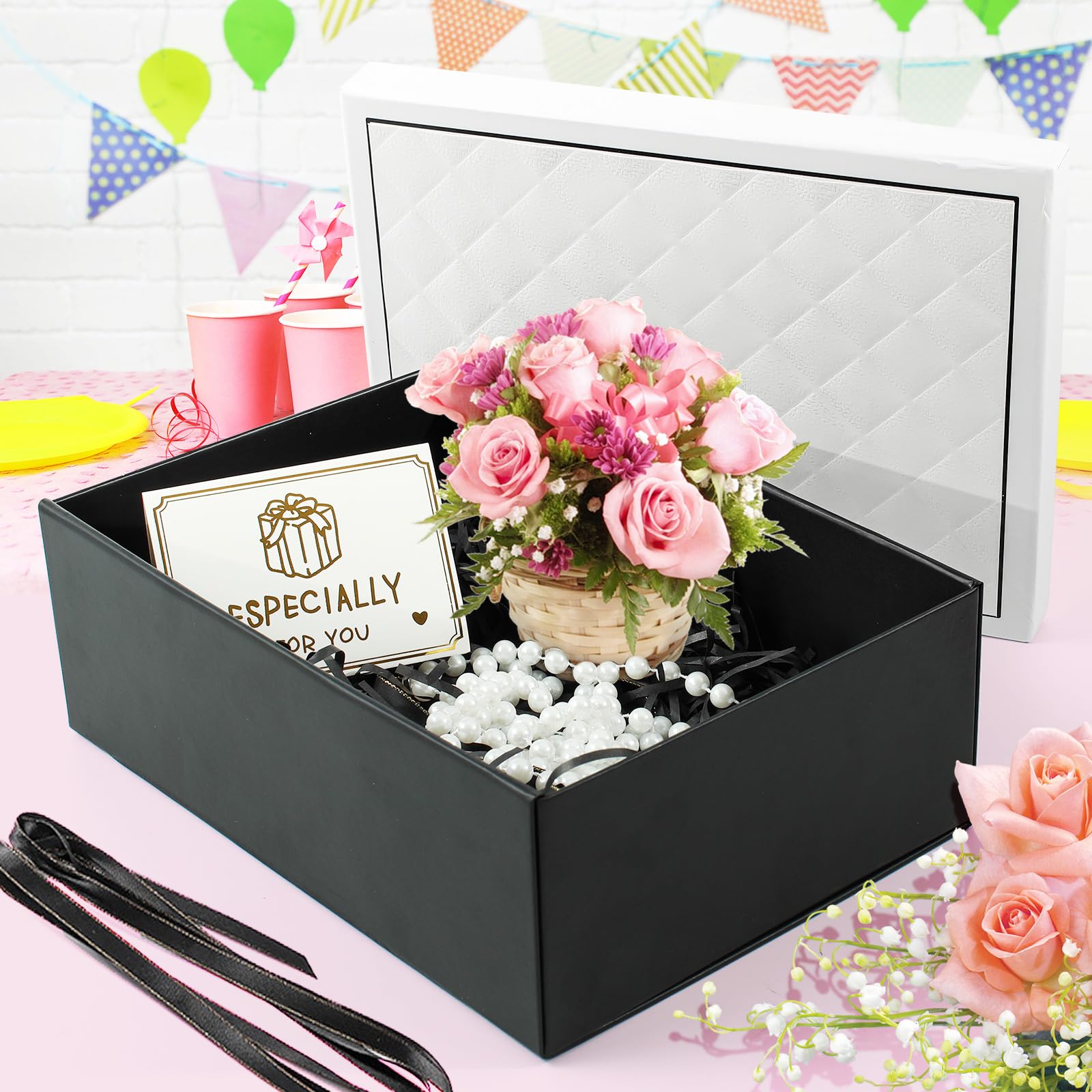 Scatola Regalo Rosa Con Coperchio 25x18x8,5 Cm | Confezione Regalo Con Nastro E Biglietto | Per San Valentino, Compleanni, Matrimoni | Riutilizzabile