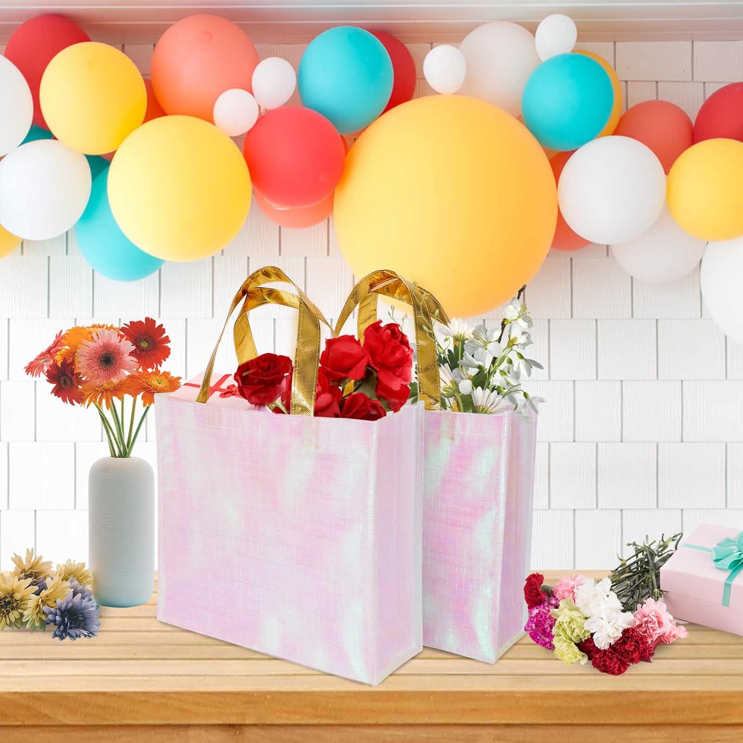 PHOGARY 12 Large Gift Bags with Handles, for Birthday Wedding Party Favor Christmas Wrap, Reusable Glossy Grocery Bags, non-woven fabric, Holo Pink - Image 5