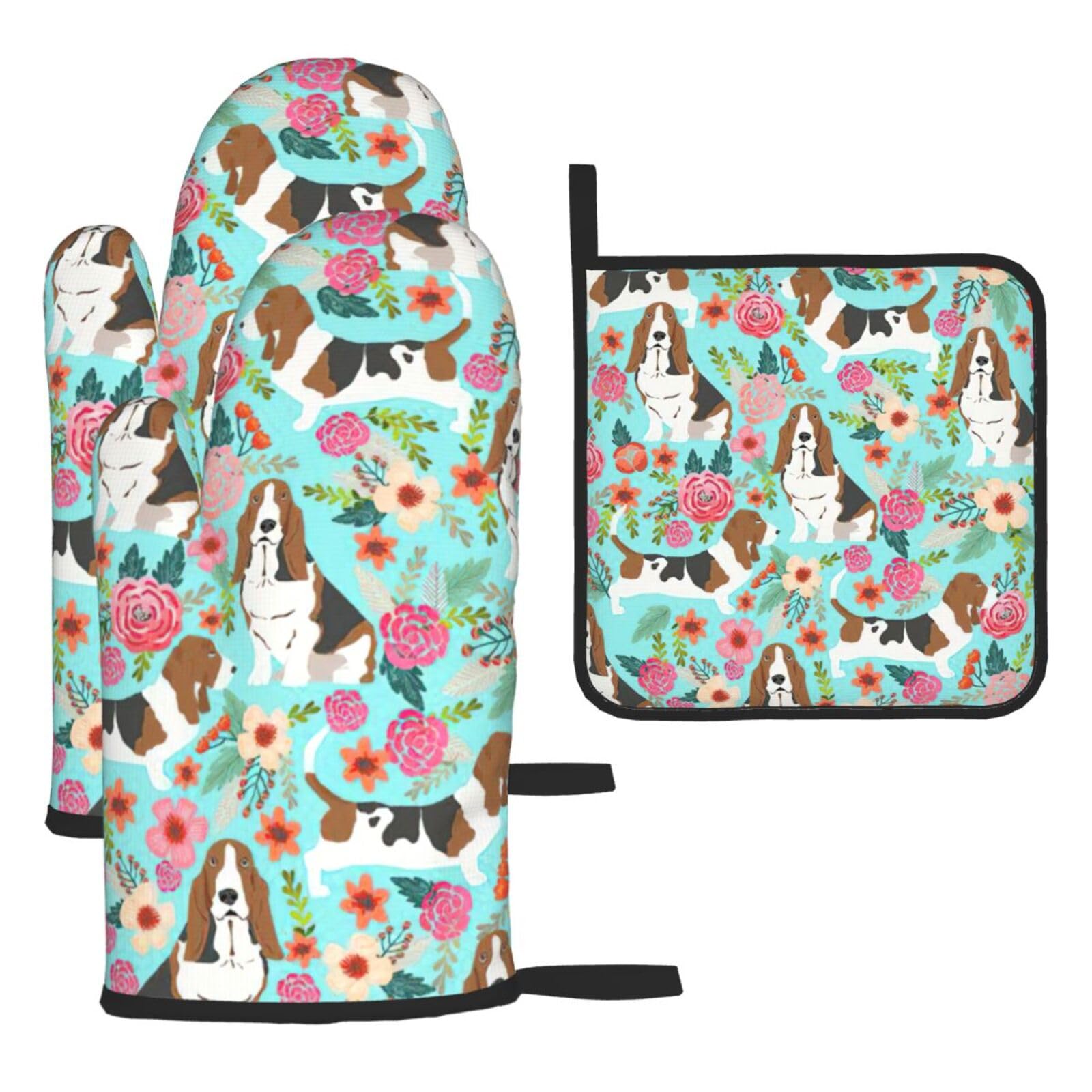 Sweet Basset Hound Florals Print Oven Kitchen Gloves For Baking Outdoor Grilling Home Use Mitts Microwaving Bbq