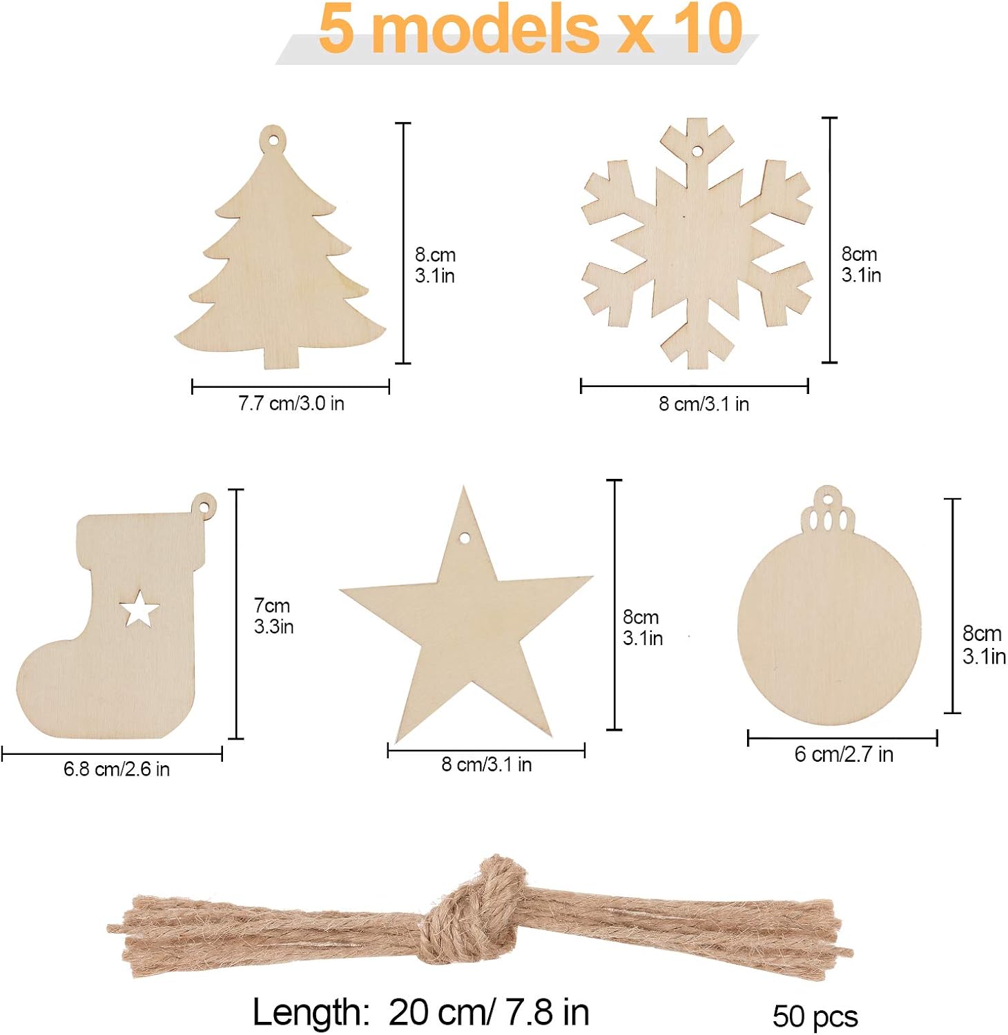 JUYOO 50PCS Wooden Christmas Tree Decoration Set, Wooden Ornaments: Round Wood Slices, Wood Snowflake, Star - Image 4