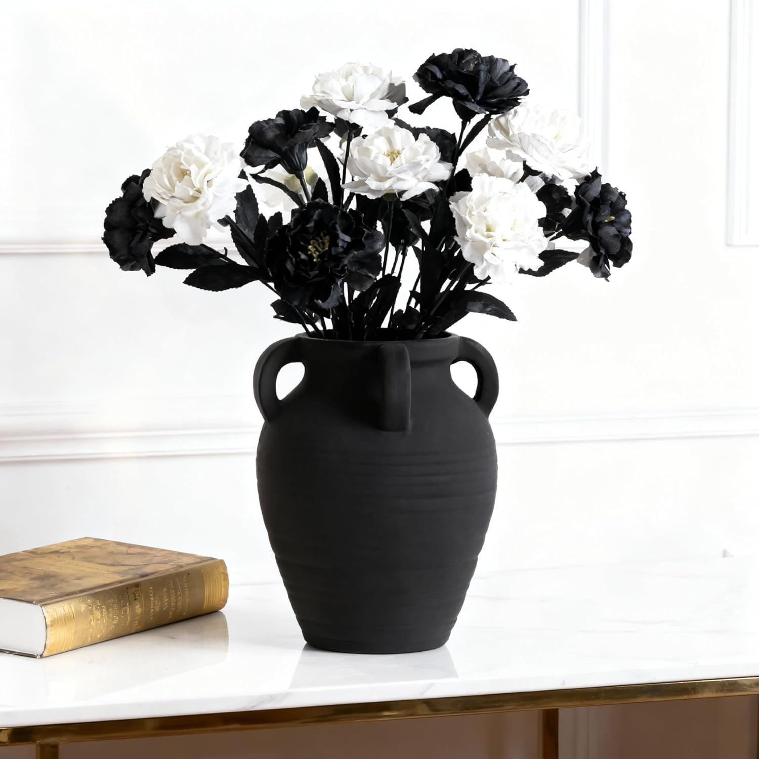 Handmade Flower Vase, 8.2" Rustic Terracotta Vase with 4 Handles, Vintage Ceramic Flower Vase, Matte Black Ear Pot for Entryway, Table, Shelf, Living Room, Fireplace, Home Decor (Clear Black)