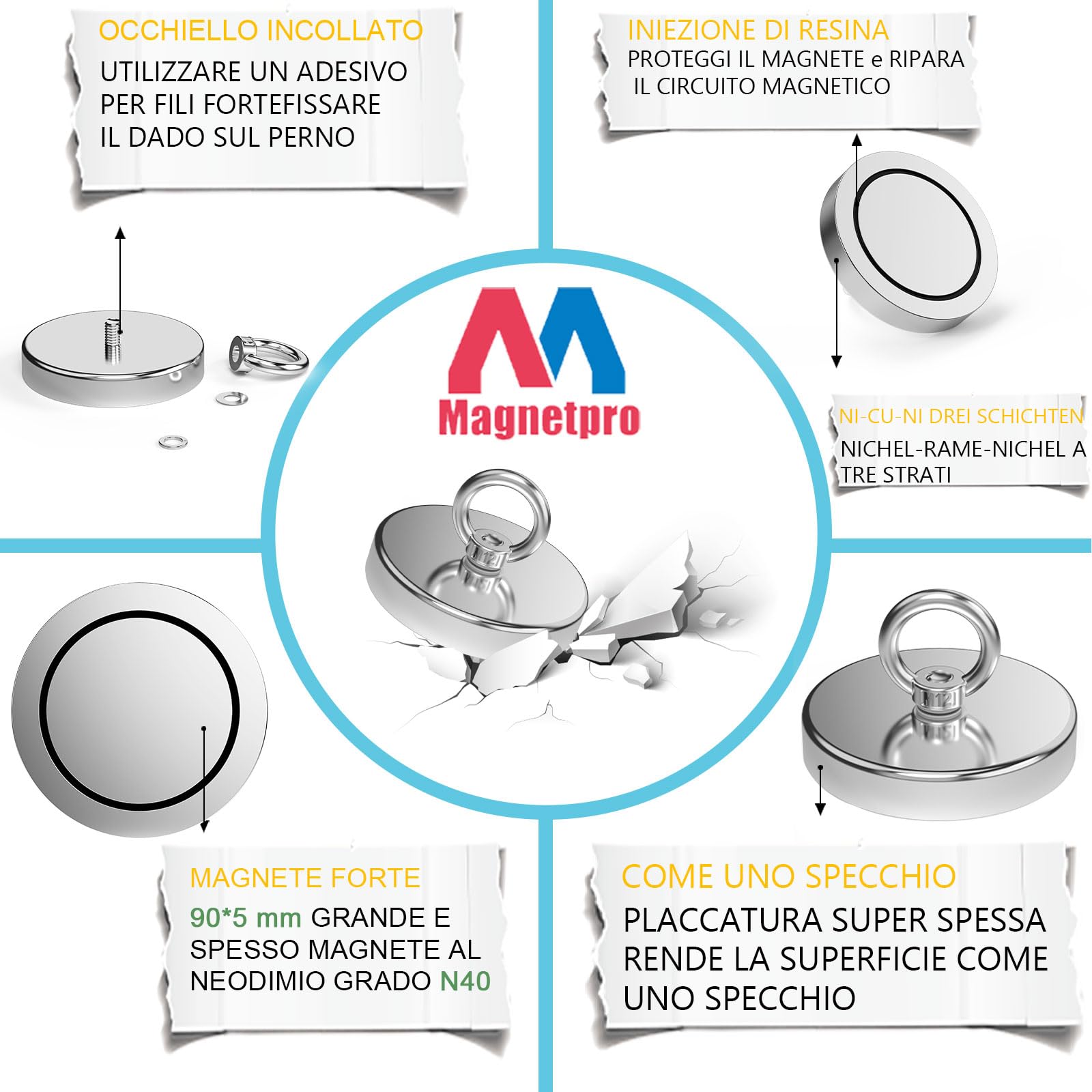 Magnetpro Magnete da pesca con forza di trazione superiore a 770 kg, magneti al neodimio resistenti con occhiello, diametro 120 mm calamita per pesca magnetica, caccia, recupero nel fiume