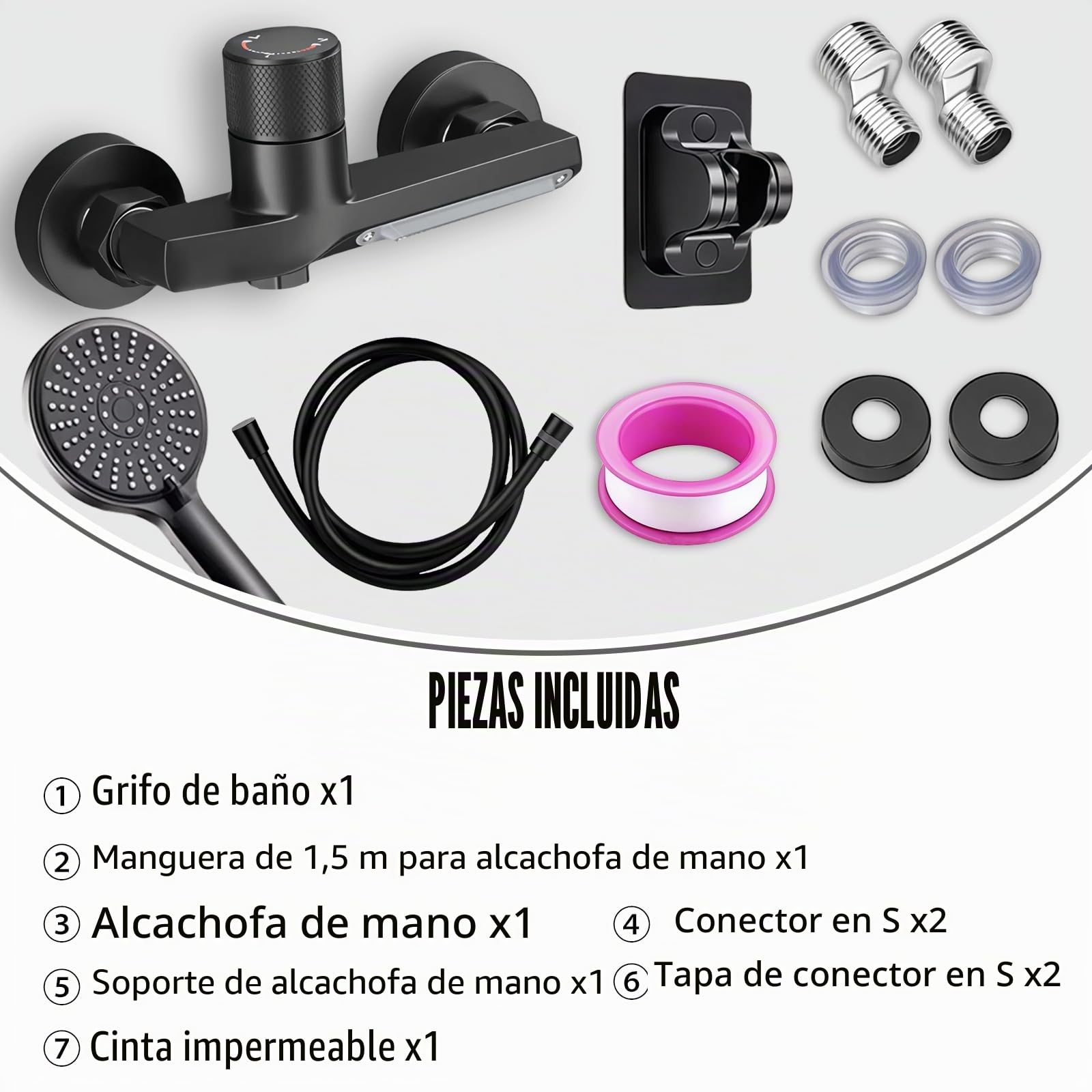 Grifo Bañera Negro en Cascada, Grifo Mural de Latón para Ducha y Baño, con Ducha de Mano de 3 Modos, Mezclador Monomando para Bañera Universal 1/2" Salida Inferior, con Soporte y Manguera de 1,5 m