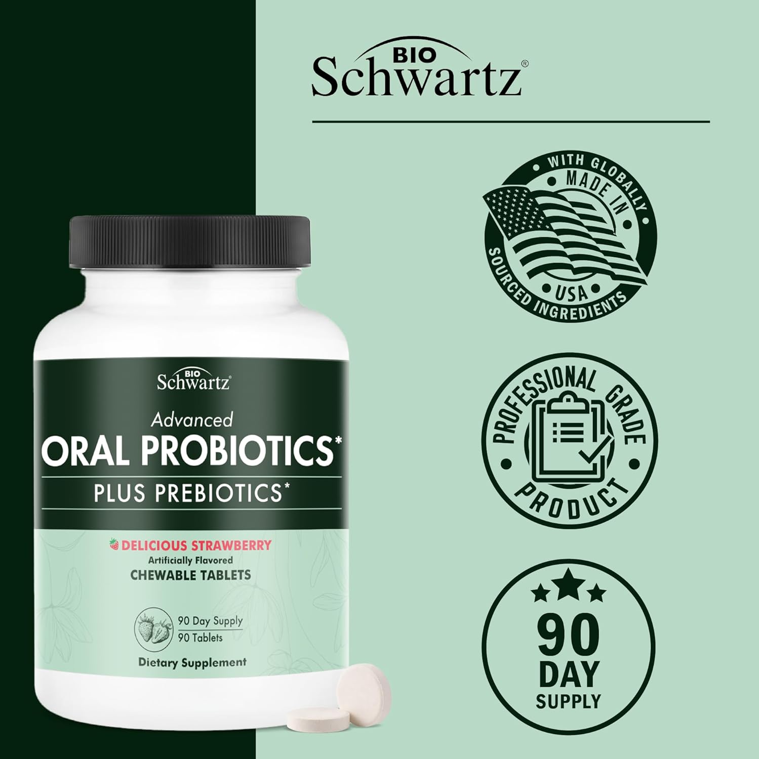 Oral Probiotics Supplement with Prebiotics - Supports Healthy Teeth Gums Mouth and Fresh Odorless Breath for Adults - Strawberry Flavored Chewable Dental Probiotic (90 Tablets, 90 Day Supply)