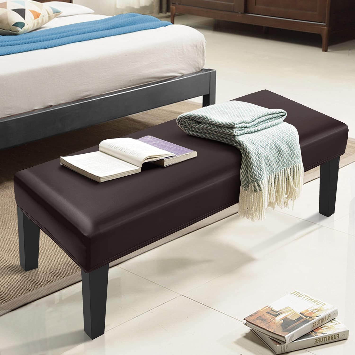 YISUN Dining Room Bench Covers, PU Leather Waterproof Upholstered Bench Slipcover, Removable Washable Bench Seat Protectors for Living Room, Bedroom, Kitchen(PU Coffee)