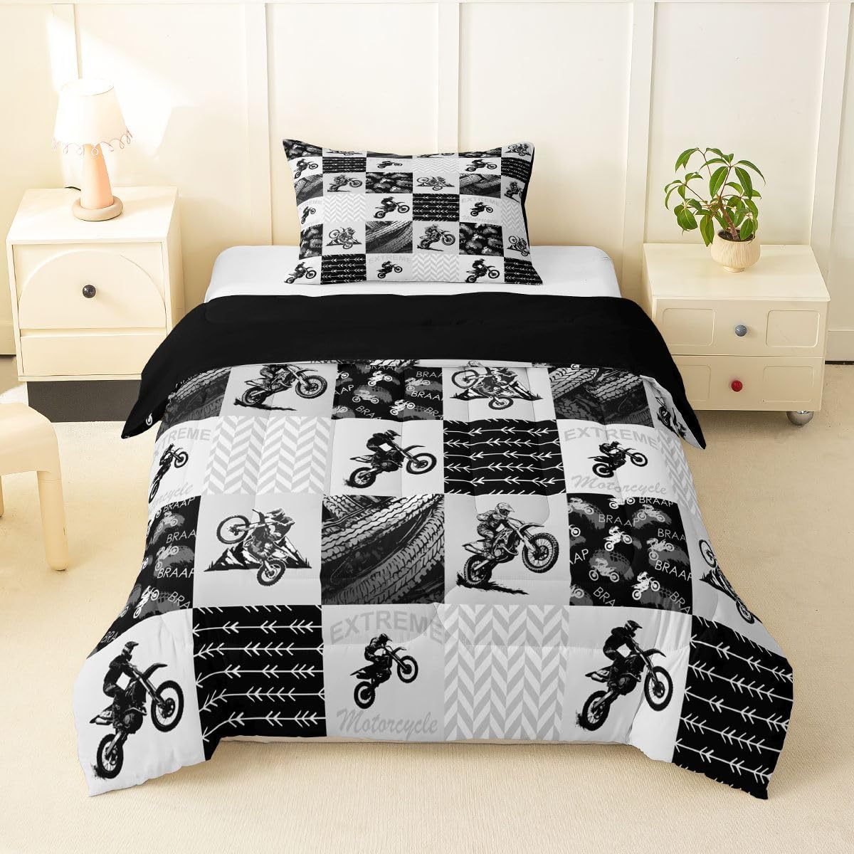 Motorcycle Games Comforter Set Twin Size,Motorbikes Extreme Sports Bedding Sets 2Pcs for Kids Girls Teens Room Decor,Off-Road Motorcycle Fashion Quilted Duvet,Black Red Down Comforter,1 Pillowcase image 5