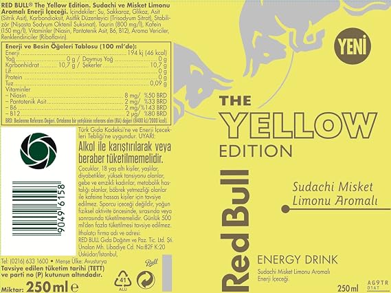 Red Bull Enerji İçeceği Yellow Edition, Sudachi Misket Limonu Aromalı Enerji İçeceği 250 ml x 24 Adet
