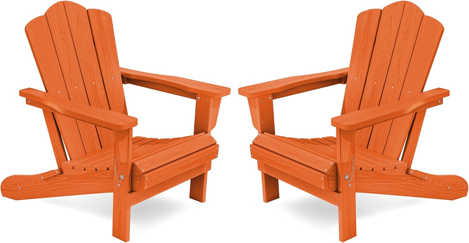 KINGYES Folding Adirondack Chair Set of 2, HDPE All-Weather Folding Adirondack Chair, Orange