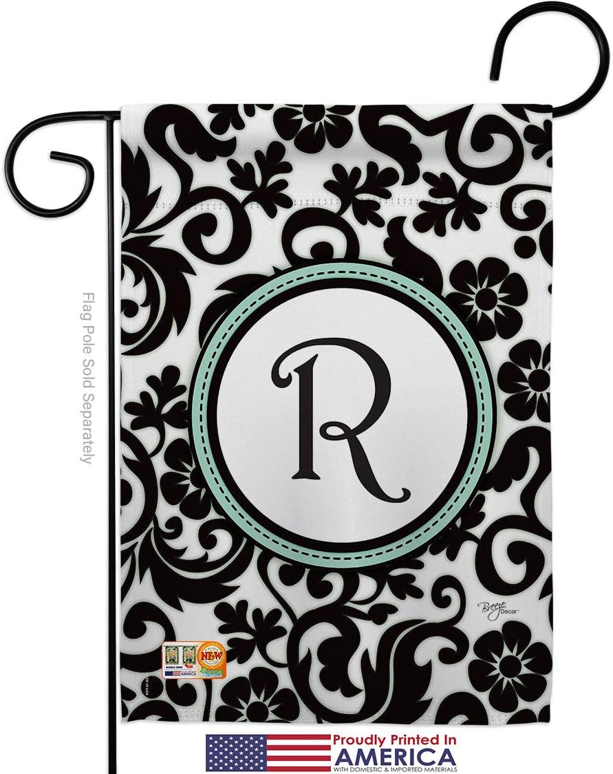 Damask R Initial Garden Flag Set Wall Holder Monogram Country Living Simply Beauty Floral Vintage Letter Everday Classic Small Decorative Gift Yard House Banner Made In USA 13 X 18.5