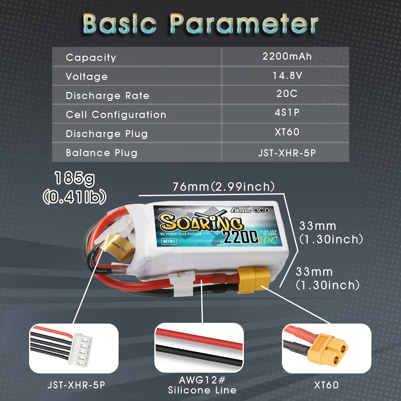 Batterie LiPo 4S 14,8V 2200mAh 30C – Gens Ace Soaring – Connecteur XT60 – Softpack – Pour Avion, Hélico Et Planeur RC – 217 G