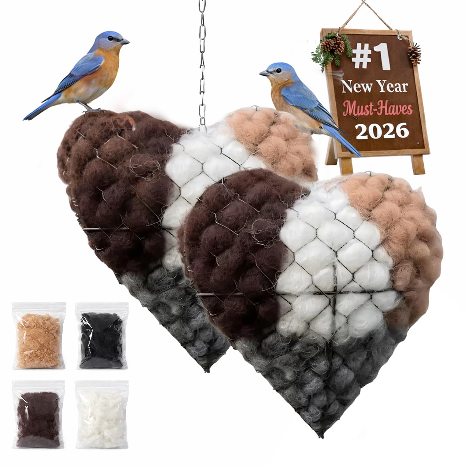 ordinarYone Pack of 2 Heart Shaped Wild Bird Nesting Helper Hanging Decor for Garden Outdoor with Refillable Fiber