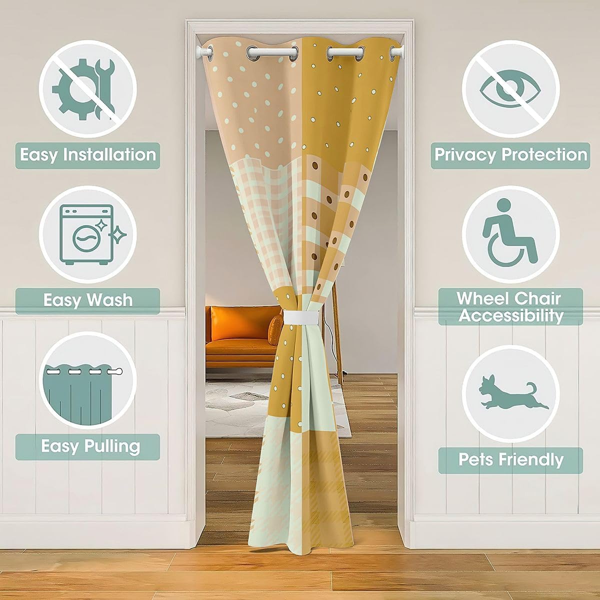 Manfei Cute Patchwork Door Curtain for Doorway Privacy Multi-Print Sliding Closet Door Curtains Preppy Privacy Curtains Cover for Room Divider,W34 X L80 White Yellow image 3