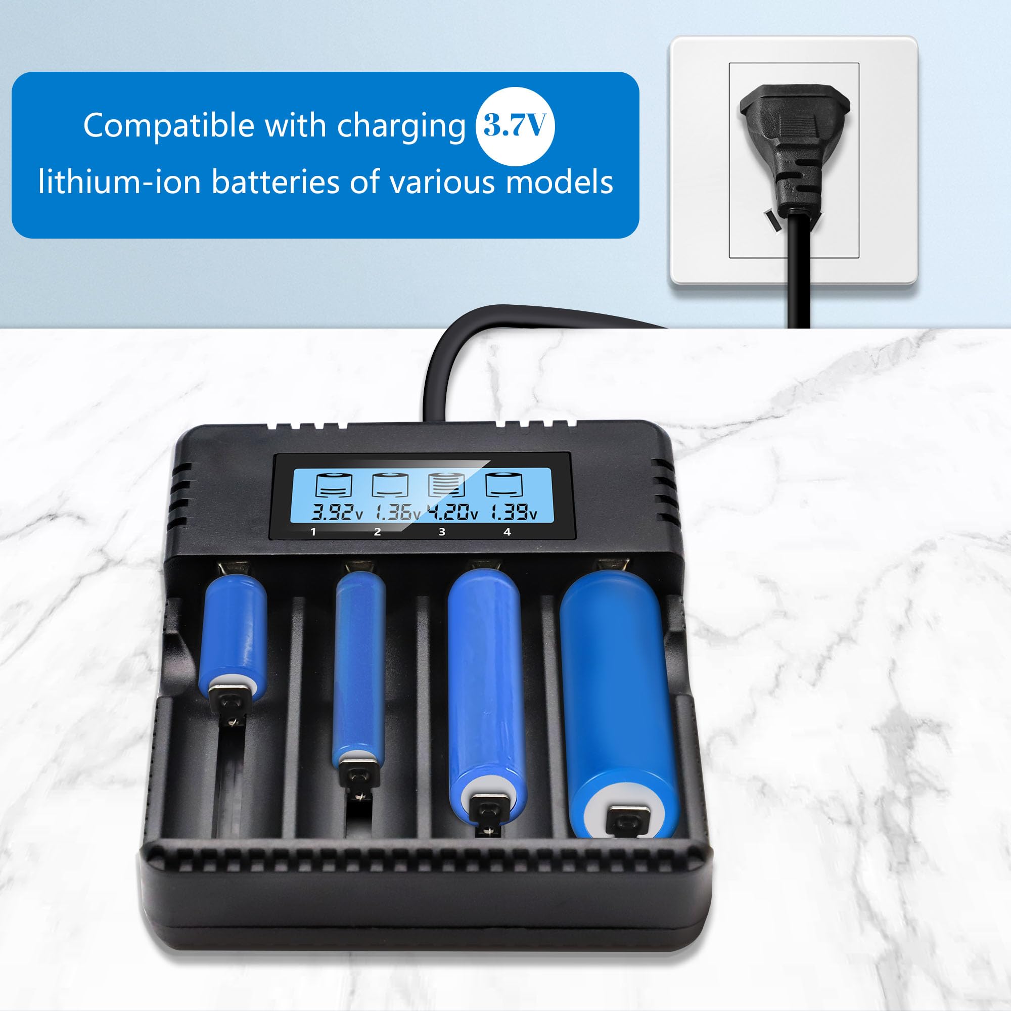 LCD Chargeur de Piles, Chargeur de Batterie avec 4 Lots de Charge Chargeur pour 3.7V 26500/18650/14500/16340/26700 Lithium