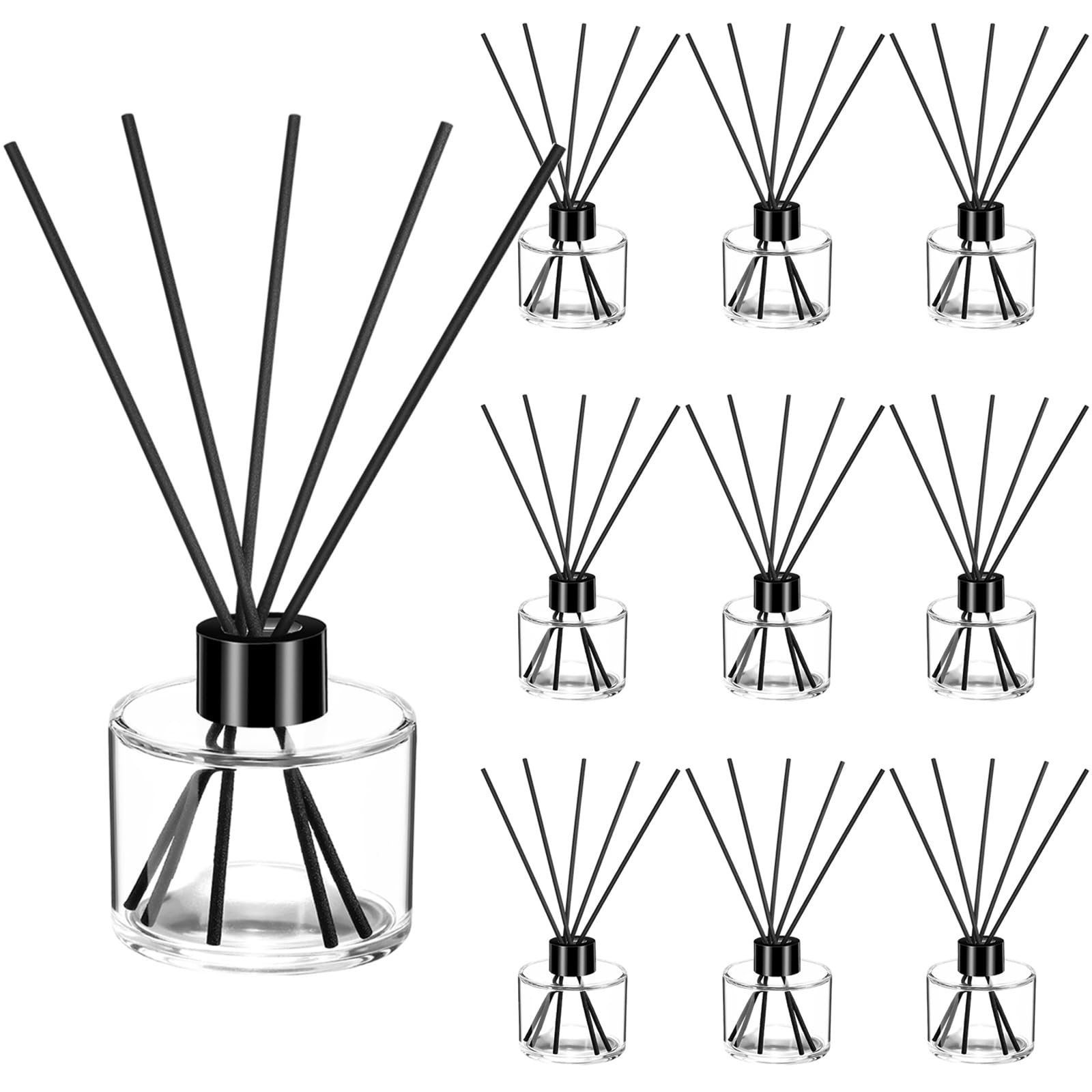 Chunful 10 Sets Schilfrohr-Diffusor-Flasche, leer, nachfüllbar, Duftglas, Diffusor-Flaschen, 100 ml, runde Gläser mit schwarzen Kappen und Rattanstäbchen für Wohnzimmer, Zuhause, Ersatzduft