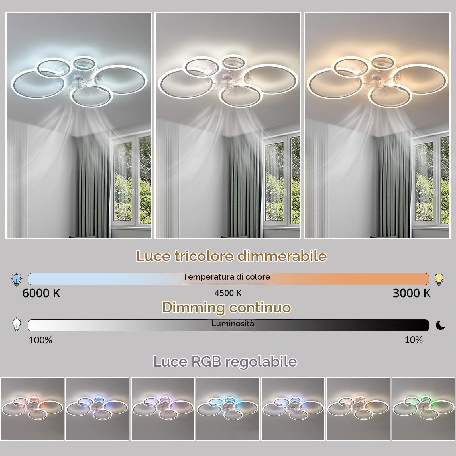RGB Ventilatore Da Soffitto Con Luce Dimmerabile Cameretta Silenzioso Lampadario Ventilatore Con Telecomando Reversibile 6 Velocità Ventola Soffitto Con Luce Soggiorno Φ 95 Cm, Nero