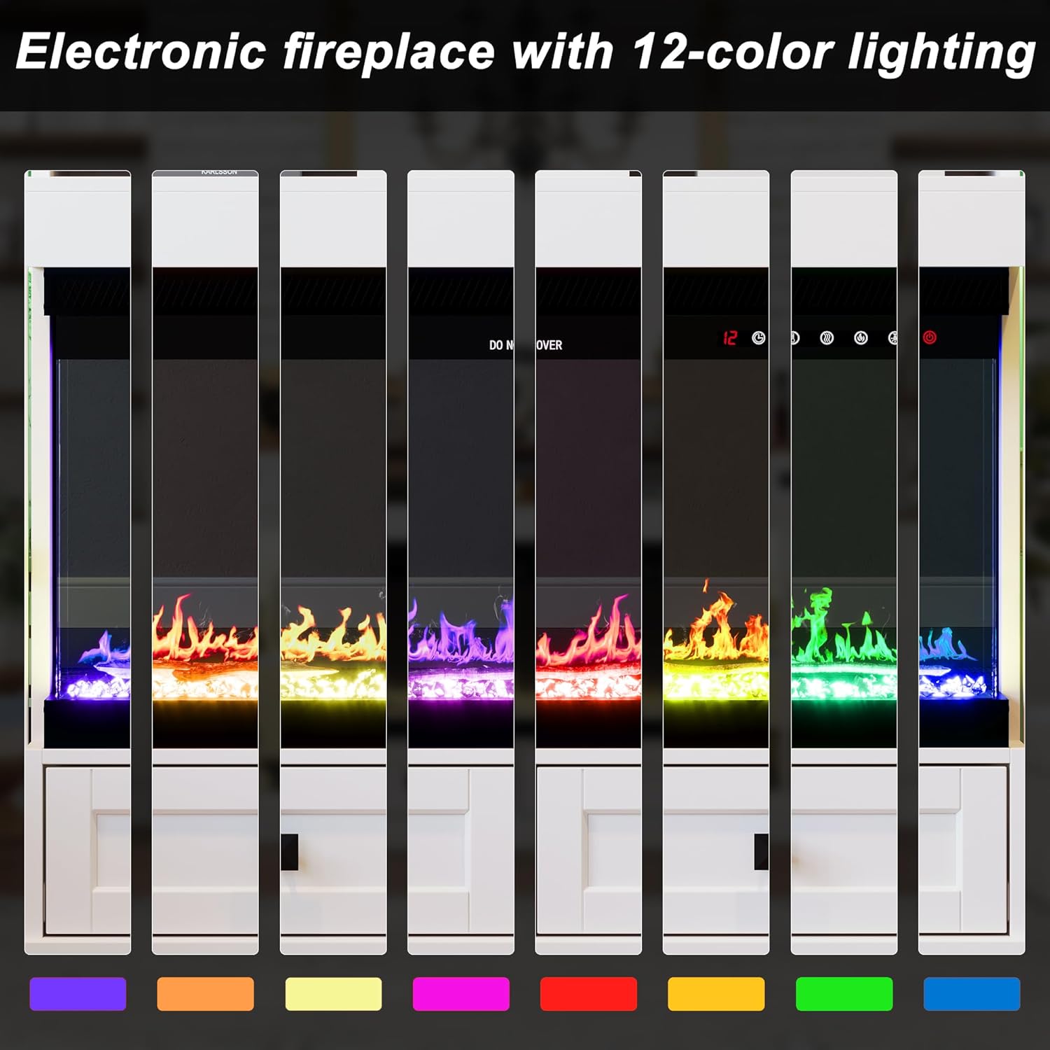 ECACAD Fireplace TV Stand for TVs up to 50" with 4 Drawers, 4 Shelves & LED Light, 1500W Electric Fireplace with 12 Colors Flame, 2-Level Heat, Media Entertainment Center Console Table, White & Black