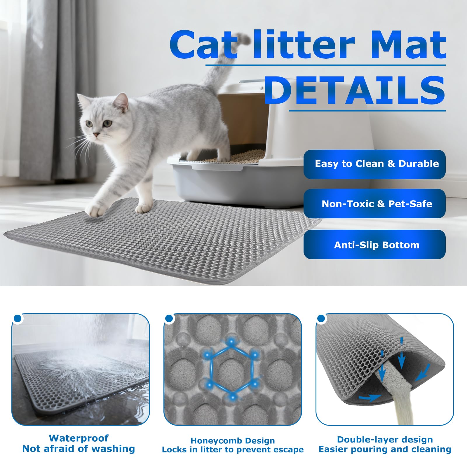 Extra große graue Katzenstreu-Matte (119,4 x 71,1 cm), EVA, doppellagig, wasserdicht und rutschfest, Waben-Design, Anti-Verfolgung, wiederverwendbar und leicht zu reinigen