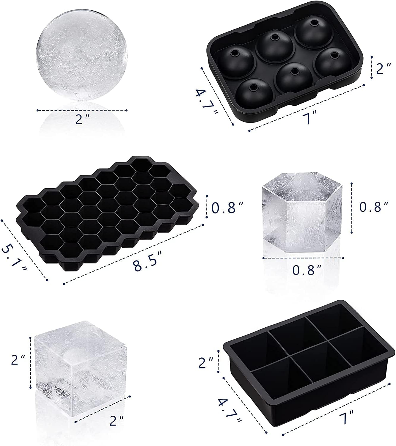 4 Pack Silicone Large Round Ice Cube Tray, Ice Cube Tray, Ice Trays for Freezer With Lid, Sphere Square Honeycomb Ice Trays for Whiskey With Covers&Funnel, Reusable Whiskey Ice Ball Mold (black)