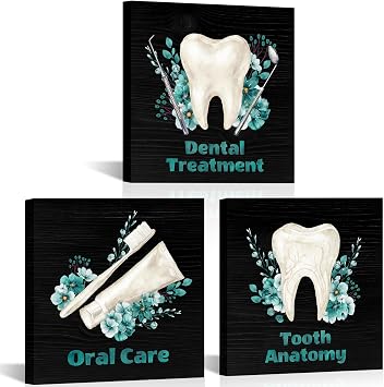 LoveHouse Tooth Canvas Wall Art Teeth Treatment Pictures Prints Dental Office Wall Decor Dentist Clinic Canvas Art 12"X12"X3 Pcs Teal