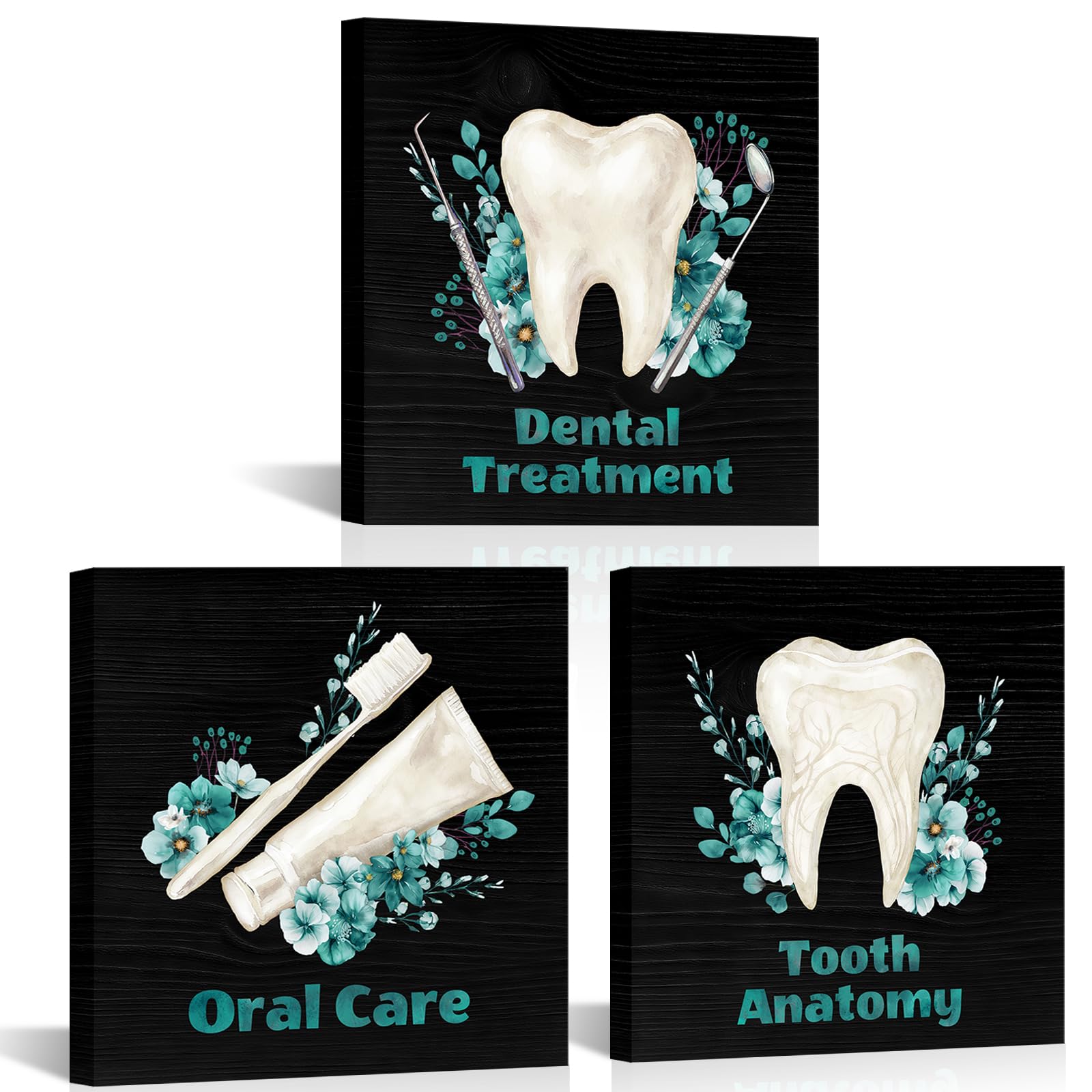 LoveHouse Tooth Canvas Wall Art Teeth Treatment Pictures Prints Dental Office Wall Decor Dentist Clinic Canvas Art 12"X12"X3 Pcs (Teal)