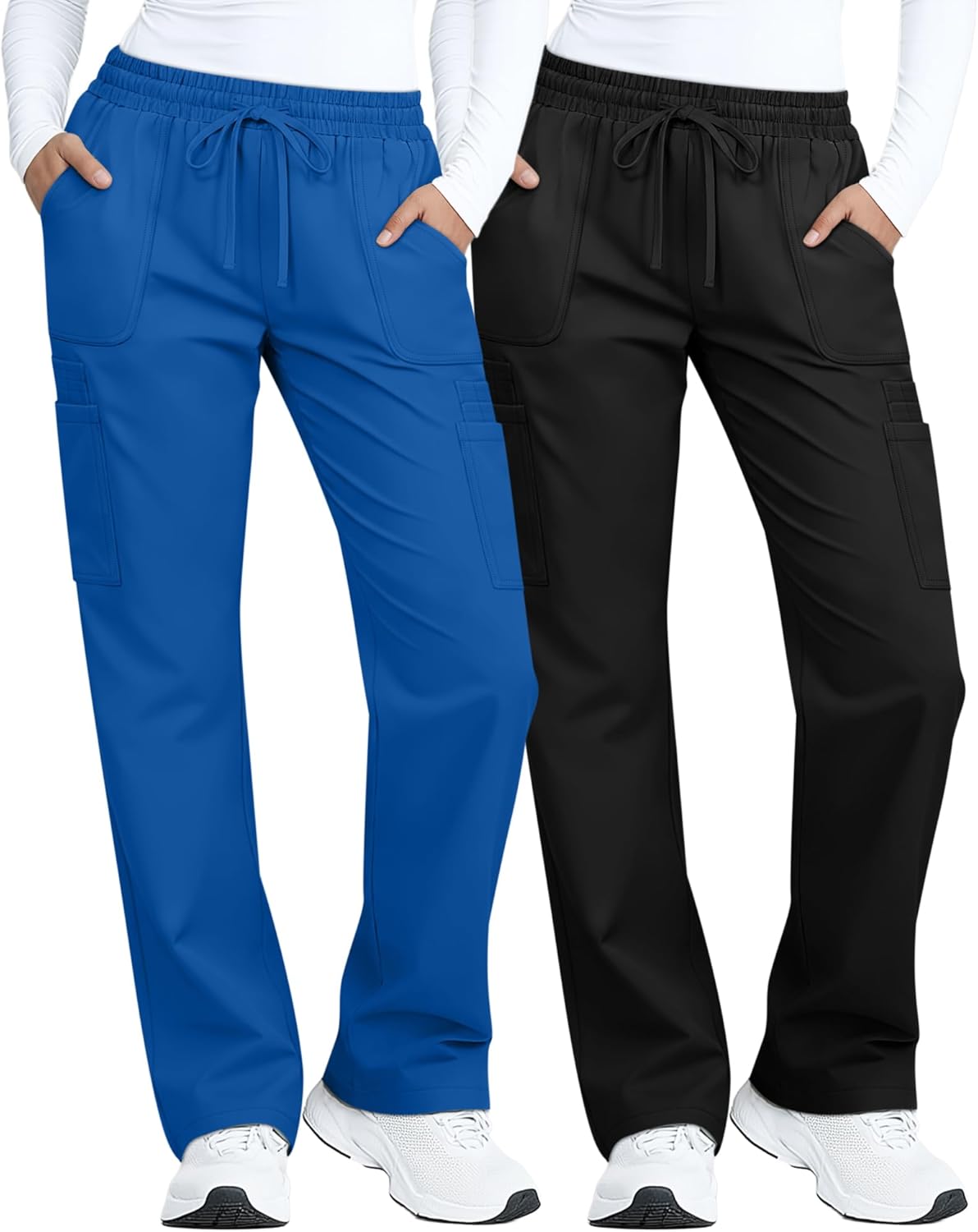 2 Pack Scrub Pants Straight Leg for Women Nurse Cargo Pants Lightweight Mid Rise Trousers 4 Pockets and Pen Slots