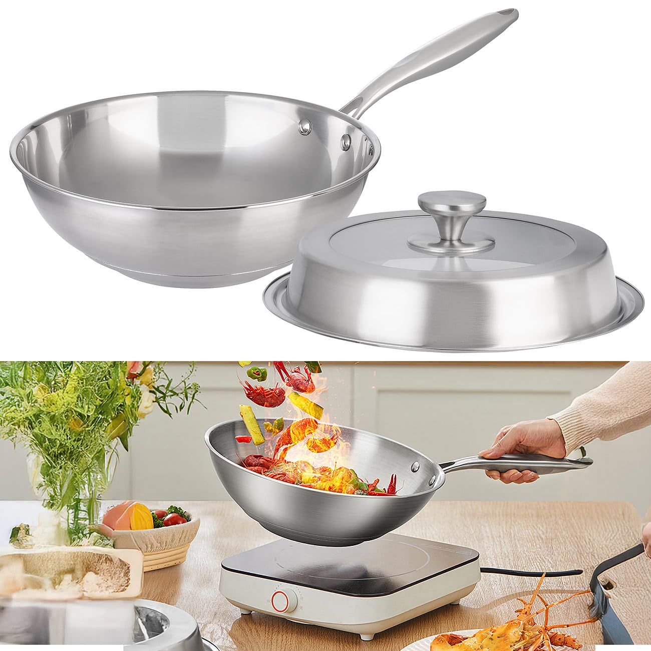 Rosenstein & Söhne Wok: Edelstahl-Wokpfanne, unbeschichtet, für alle Herdarten, Ø 28 cm (Edelstahlpfanne, Pfannen für Elektroherd, Gaskocher)