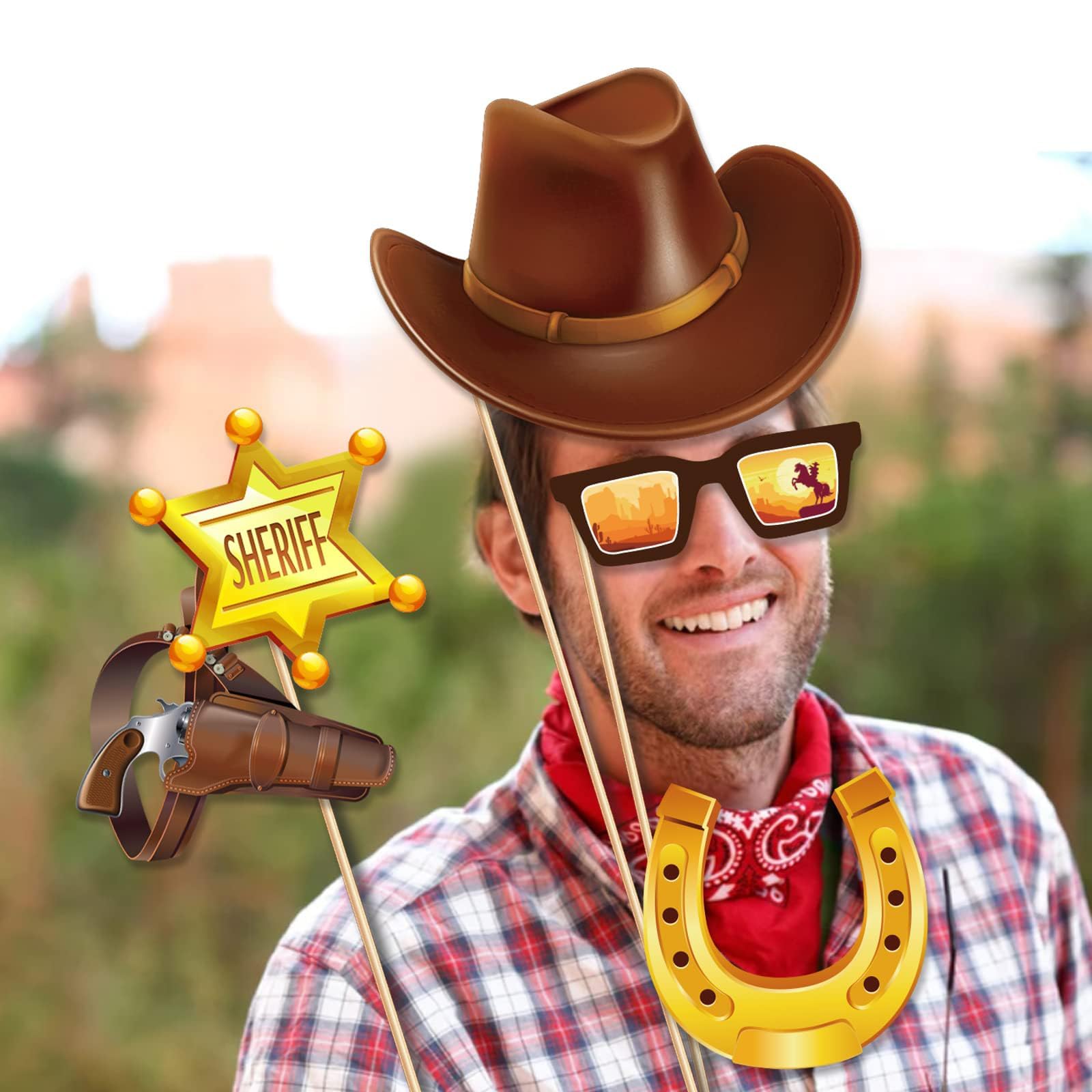 Set 25 Accessori Per Foto A Tema Cowboy - Include Bandiera, Props Divertenti Per Feste E Compleanni