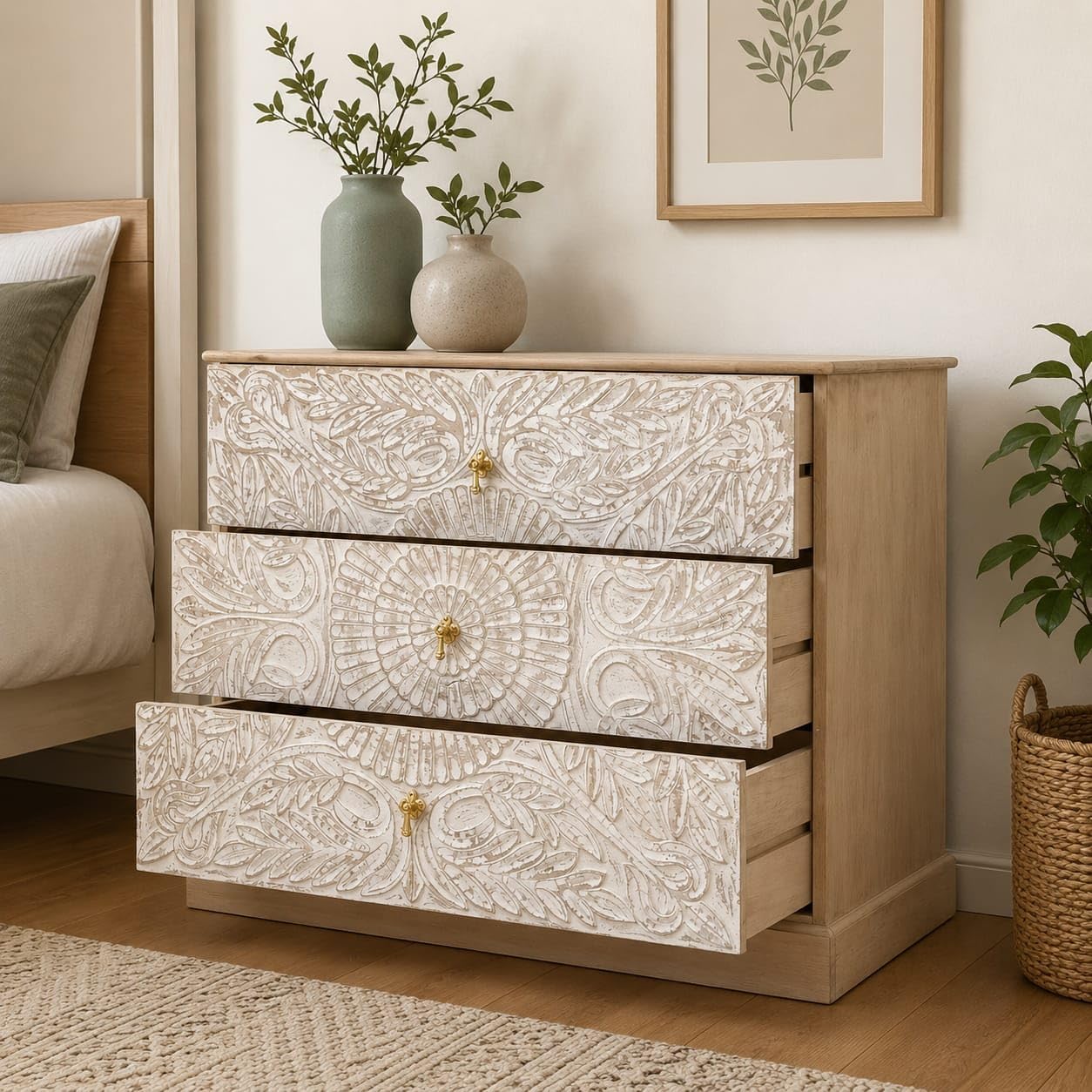 Solid Wooden 3-Drawer Storage Chest | Premium Distressed White Finish with Antique Brass Knobs for Livingroom Bedroom |Stylish Wooden Bedside Table/Cabinet for Home Decor.-image-40