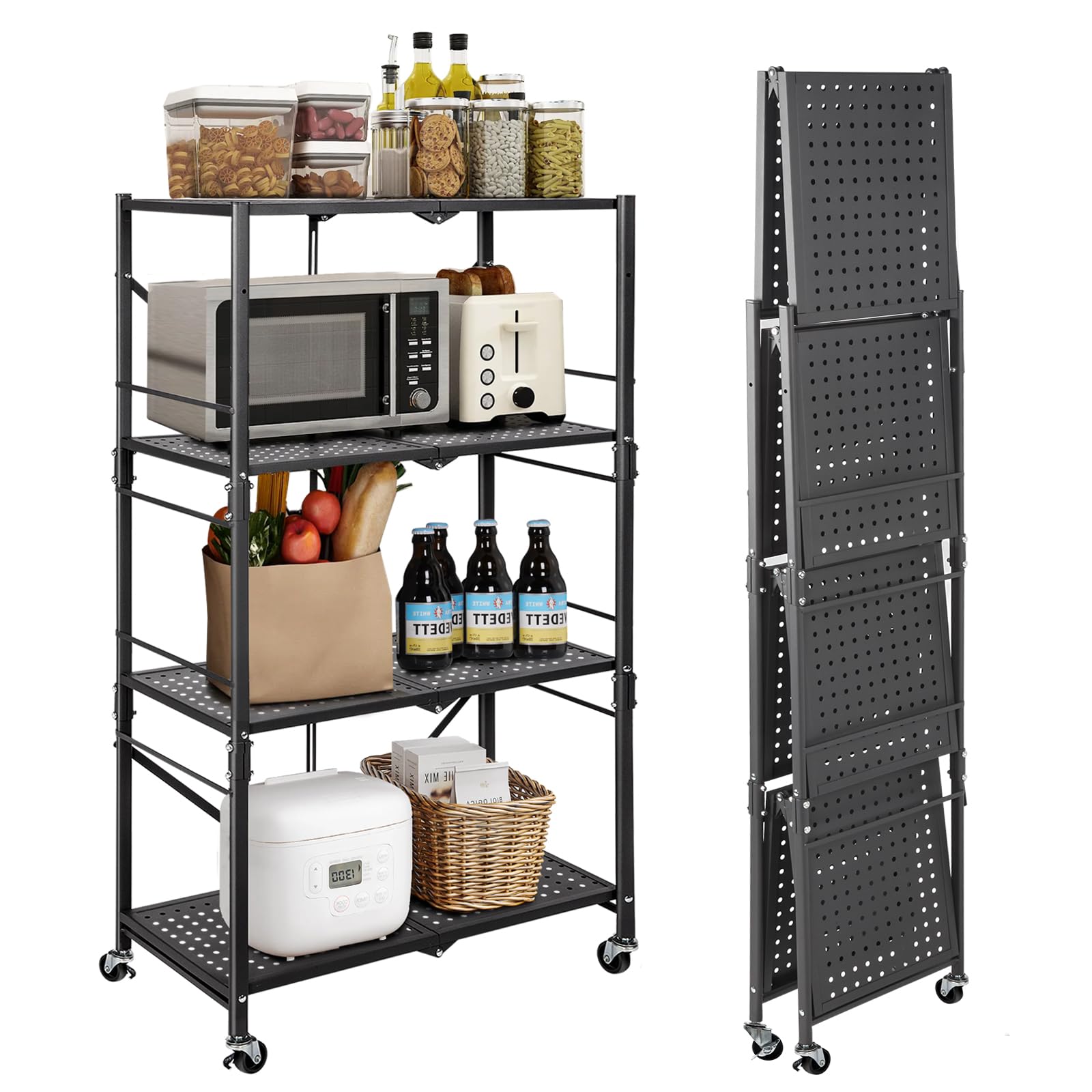 PACHIRA E-Commerce4 Tier Foldable Storage Rack with Wheels, Heavy Duty Shelving Unit Metal Storage Shelves for Kitchen, Living Room, Bathroom, Powder-Coated Steel, Grey