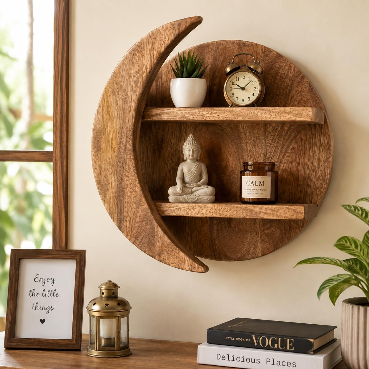 crescent moon wooden wall shelf, solid mango wood, 3 tier
