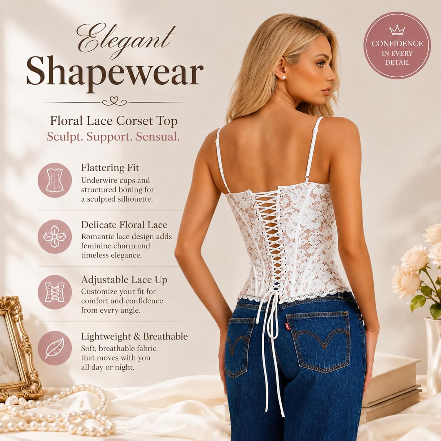 Floral Lace Corset Tops for Women French Romance Overbust Bustier with Adjustable Lace Up Elegant Shapewear