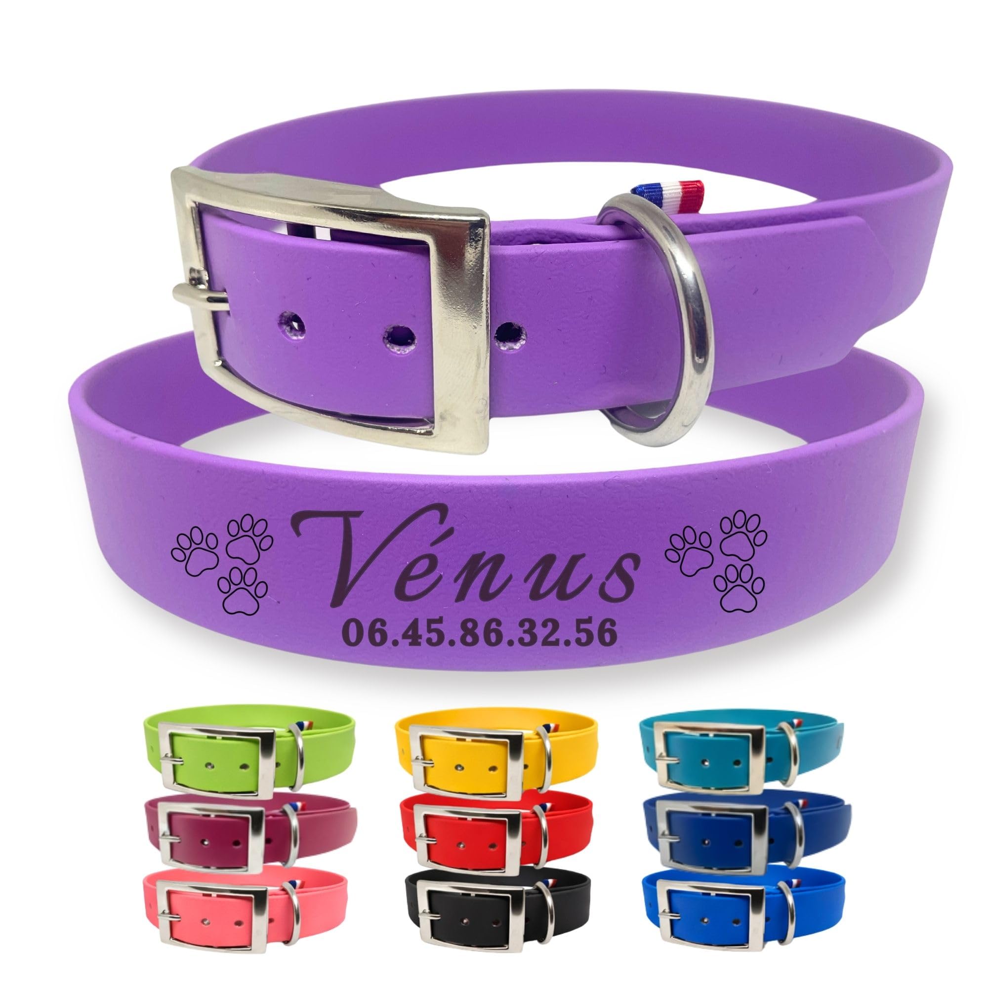 Collier chien personnalisé Biothane violet étanche pour le sport la randonnée et la chasse