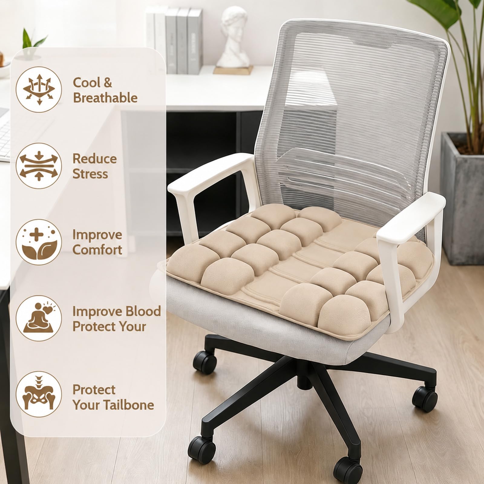 Cuscino antidecubito da 44 x 42 cm, con 30 camere d'aria, ortopedico, ergonomico, gonfiabile, per alleviare il carico del coccige quando si è seduti a lungo, per auto, ufficio, casa, sedia a rotelle e
