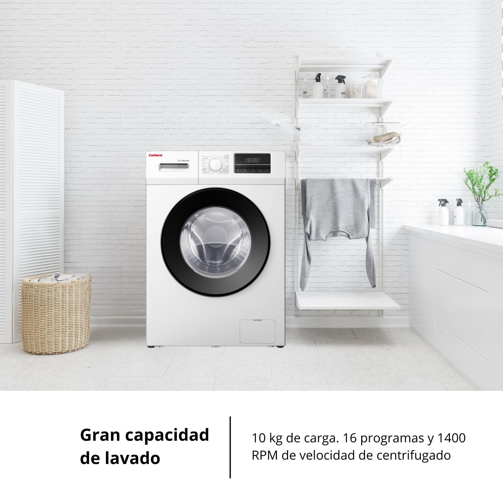 Corbero - Lavadora Carga Frontal Premium10 Kg | CLT1004VIN |1400 Rpm Motor Inverter | 16 Programas con Vapor | Inicio diferido 3-24 Horas | Lavado Rápido | Puerta XXL | E.Energética A | Blanco