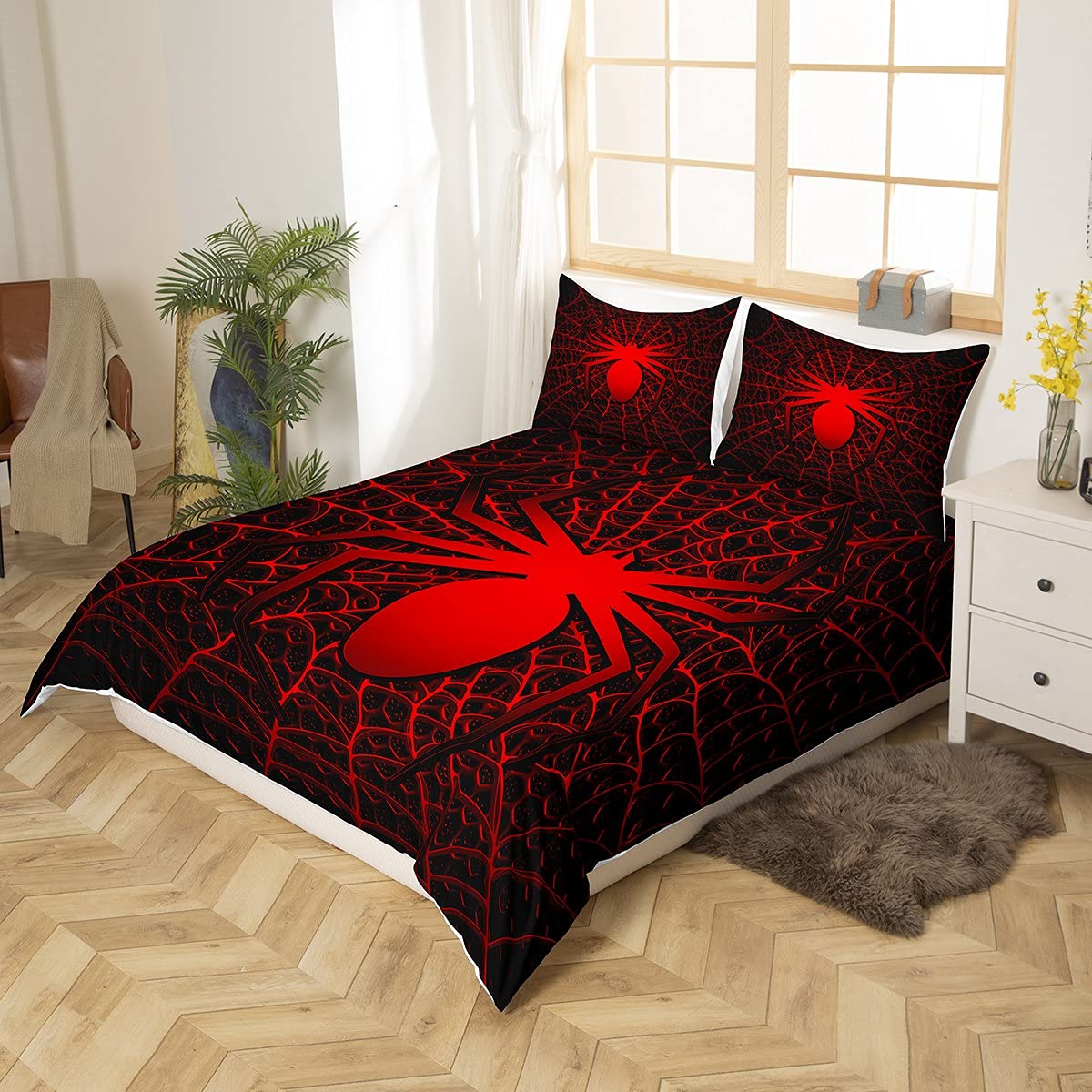 Loussiesd Juego de ropa de cama de araña para niños y niños 3D Scary Spider Web Ropa de cama y lino Red Wildlife Funda de edredón Spider Animal Ropa de cama y lino Super King 3 piezas
