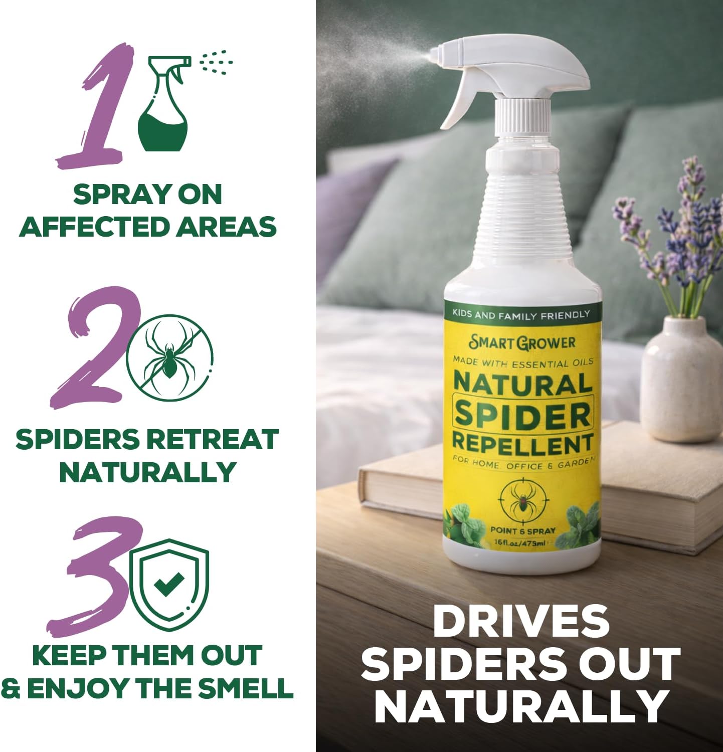 Natural Spider Repellent Spray – Indoor Spider Spray with Peppermint & Lavender, Family & Pet Friendly – Fresh Scent Spider Remover for Bedrooms, Bathrooms, Closets & Corners 16oz Ready to Use - Image 2