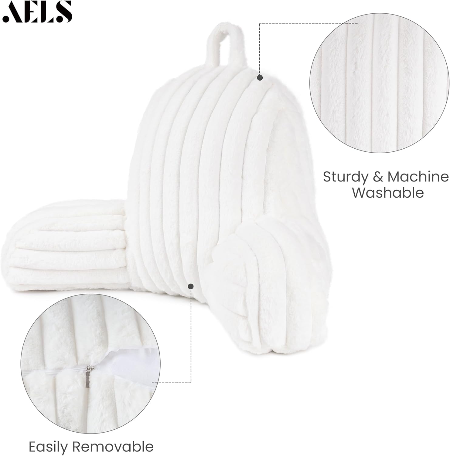 AELS Large Reading Pillow Replacement Cover with Arms and Pockets (Cover ONLY), 18" Soft Faux Fur Striped Backrest Pillow Cover Fits Standard Size Reading Pillows, Cream White