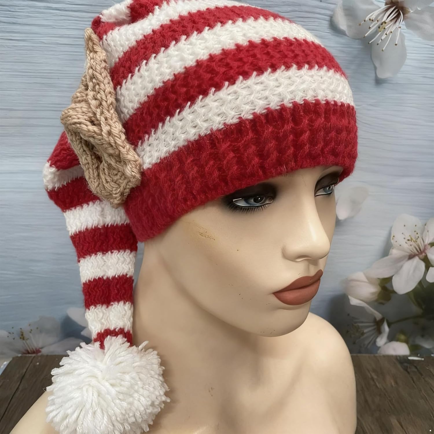 YiZYiF Crochet Elf Hat for Christmas Performers Extra-Long Striped Beanie with Floppy Ears Perfect for Stage Pageants
