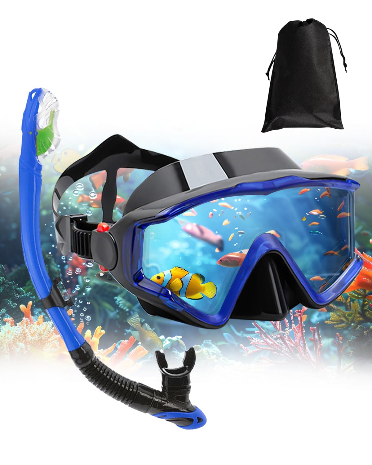 Dry Snorkel Set for Adults, Panoramic Anti-Fog Scuba Mask with Upgraded Tempered Glass, Dry-Top Leak-Proof Breathing System, Wide-View Snorkeling Gear for Adults & Teens β Black and Blue