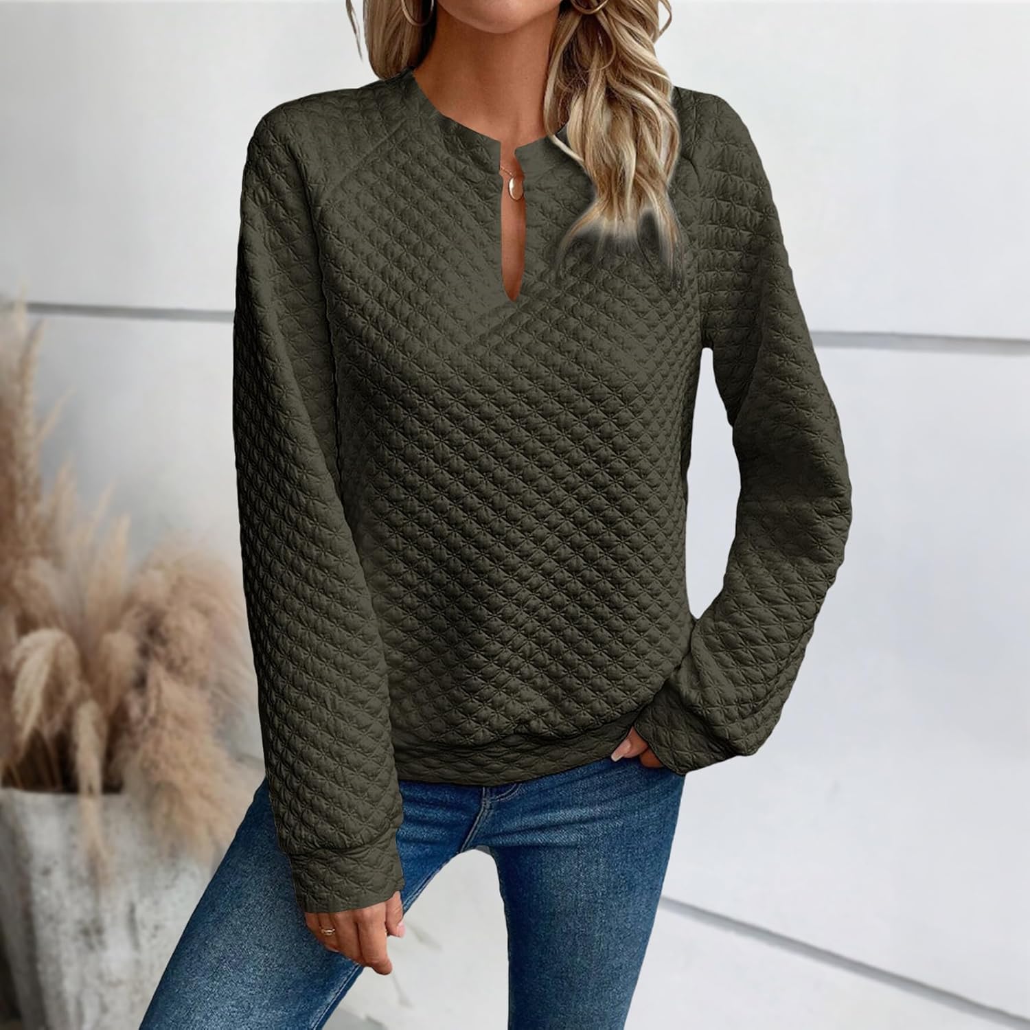 ZOCANIA Women's Sweatshirts Long Sleeve V Neck Sweatshirt Solid Color Womens Waffle Tops Casual Fall Pullovers for Women - Image 2
