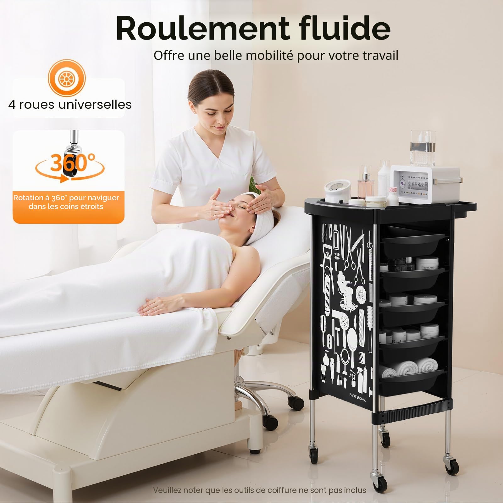 Chariot de Coiffure Professionnel, Chariot de Salon de beauté, Tablette Coiffure a Roulette, avec 5 tiroirs et roulettes, Plateau Extensible