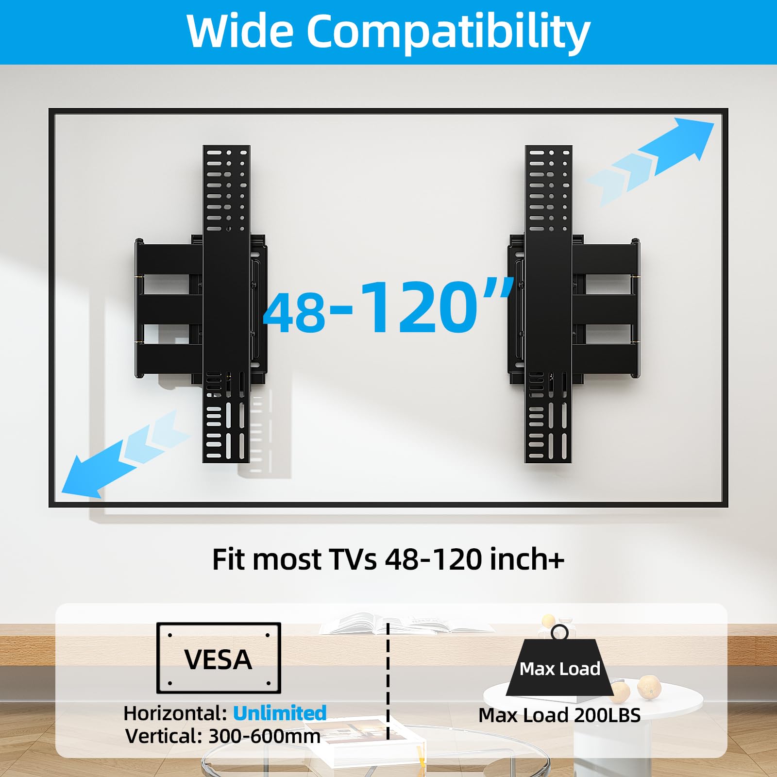 HOME VISION Heavy Duty Full Motion TV Wall Mount Bracket for 48-120 Inch Flat/Curved TVs, 200Lbs Capacity, Low Profile Ultra Slim Design with Swivel/Tilt, Corner Large Dual Arm, Max VESA 2000x600mm
