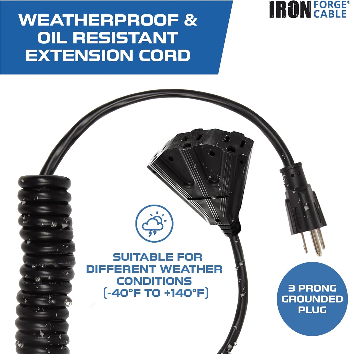 Iron Forge Cable SJEOW 3 Outlet Black Outdoor Coiled Extension Cord 5 ft, 16/3, 13 Amp Oil Resistant & Flame Retardant 3 Prong Coiled Wire for Outdoor & Indoor