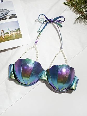 Women's Mermaid Bikini Top Push Up Underwire Seashell Bra Swimsuit with Halter Neck Adjustable Straps