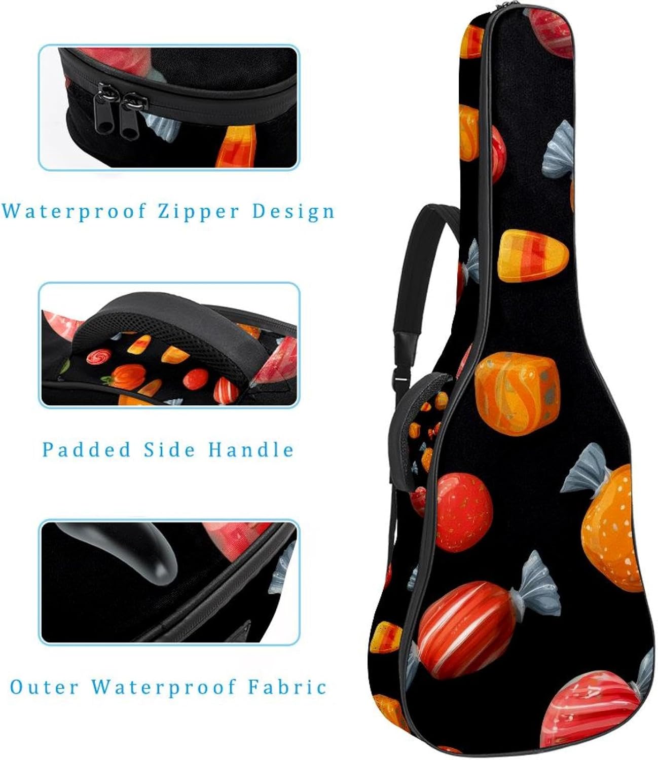 40 41 42 Inch Acoustic Guitar Bag, 0.4 In Thick Sponge Padded Guitar Case Gig Bag with Back Hanger Loop and 2 Pockets, Cute Halloween Candies and Pumpkins
