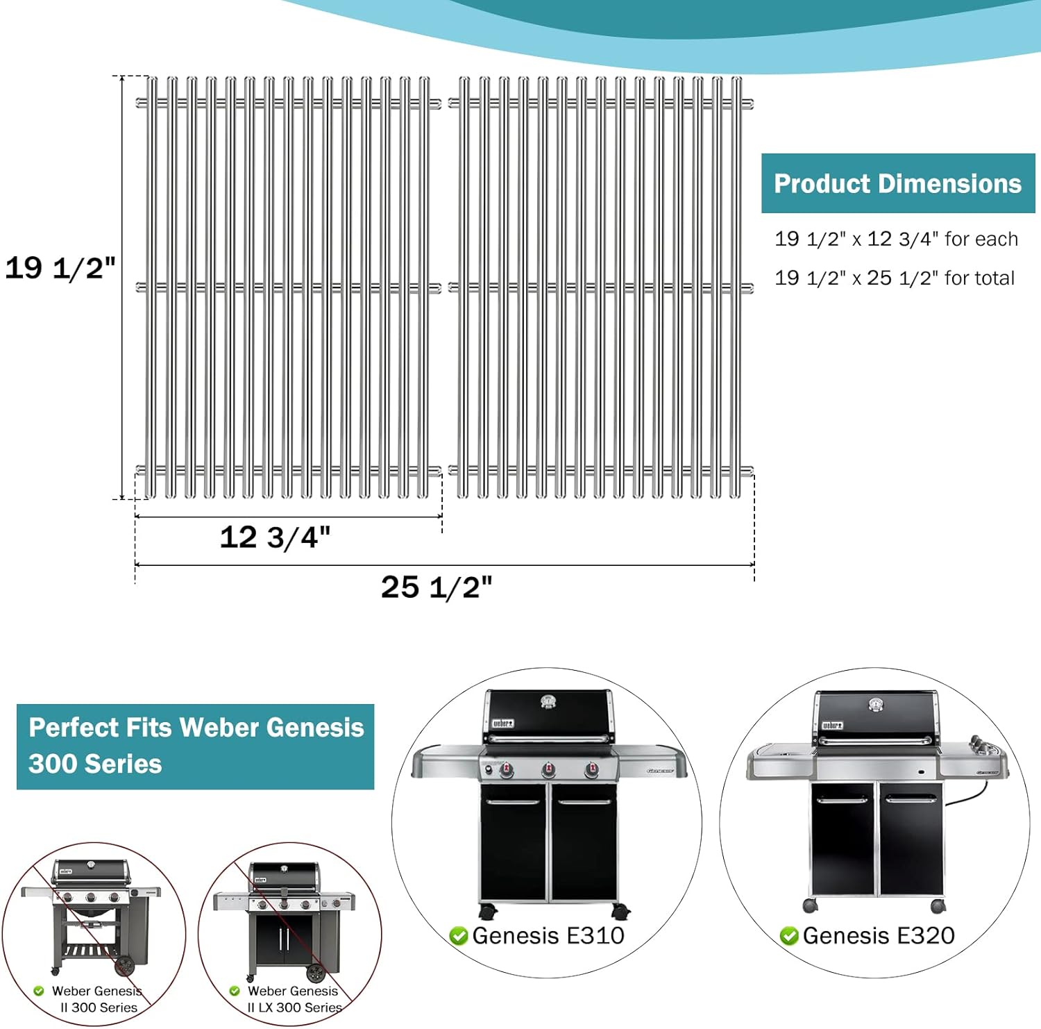 7524 Genesis 300 Series Grill Grates Replacement Parts for Weber Genesis E-310 E-320 E-330 S-310 S-320 S-330 EP-310 EP-320 EP-330, Weber Genesis Grill Parts SUS304 Stainless Steel Grid 19.5inch, 7528
