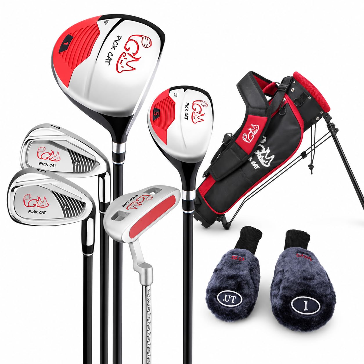 PGM Junior Golfschläger Komplettset für Kinder Kinder, 5 Golfschläger mit Standtasche und 2 Schlägerhauben für Jungen & Mädchen, rechte Hand
