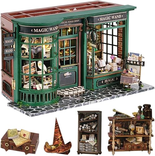 Lannso Kit de casa de muñecas en miniatura, kit de casa de muñecas con cubierta a prueba de polvo, tienda de varitas mágicas, mini juguetes de casa