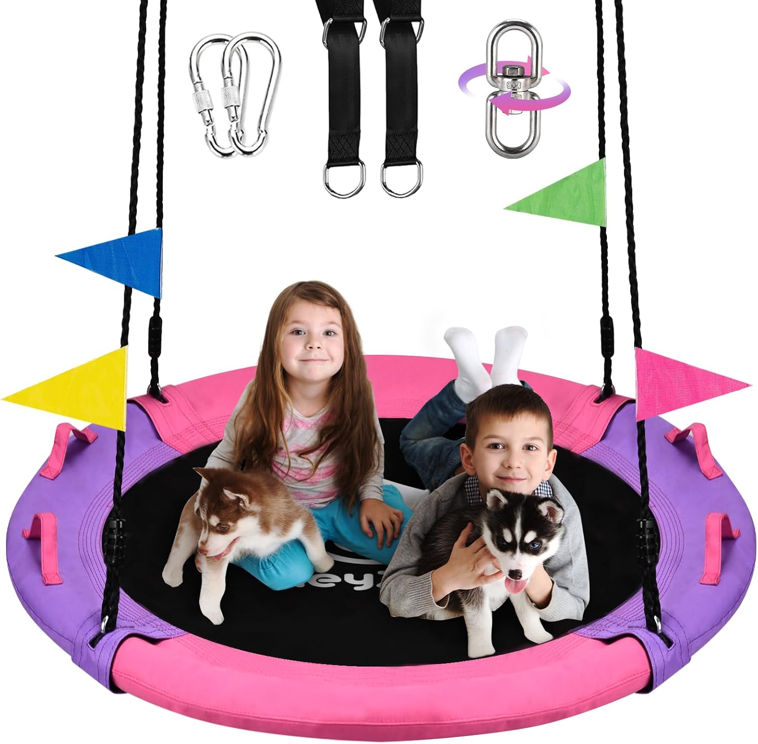43 Inch Tree Swing, 900lbs Weight Capacity Saucer Swing Sets for Kids, Come with 360 Degree Swivel and Adjustable Hanging Strap, Pink and Purple