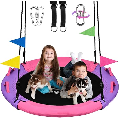 43 Inch Tree Swing, 900lbs Weight Capacity Saucer Swing Sets for Kids & Adults, with 360 Degree Swivel and Adjustable Hanging Strap, Pink and Purple